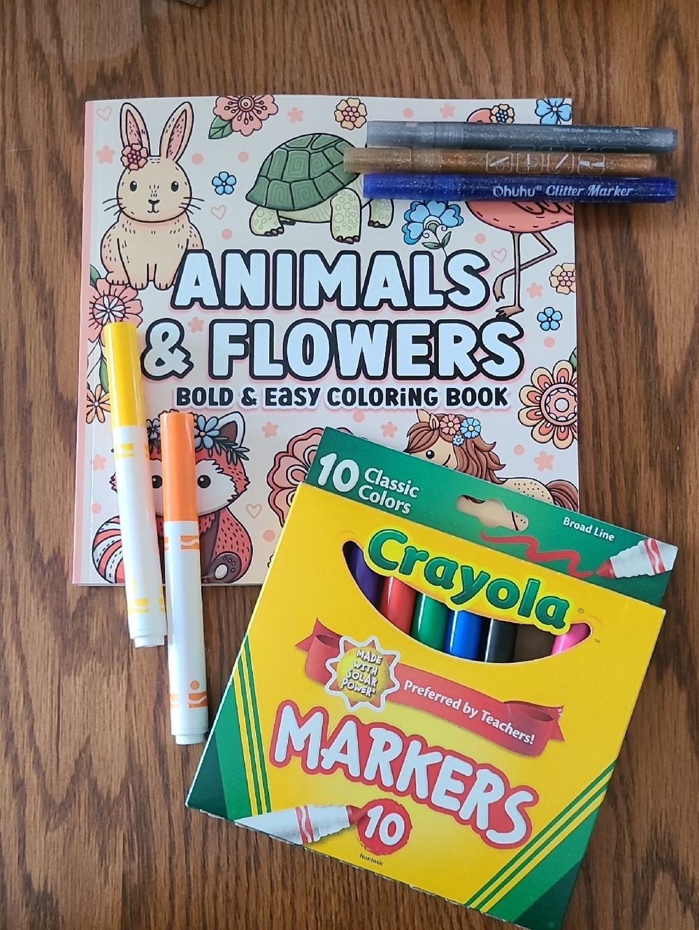 Bundle - Animals & Flowers Bold & Easy Coloring Book, Crayola, & Glitter Markers